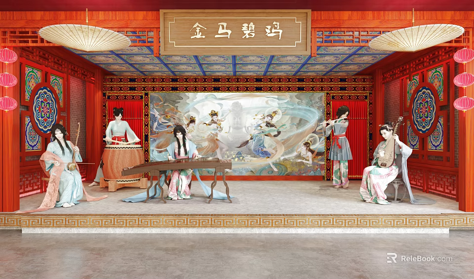 Traditional Chinese Performance Scene With Red Architecture And Ancient Musical Instruments 3d model 