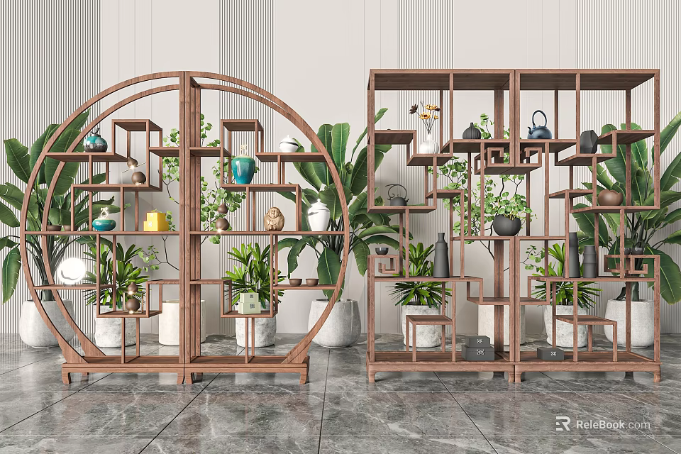 Wooden Chinese Style Display Shelves With Circular And Rectangular Design And Green Plants Decorations 3d model 