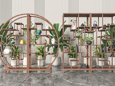 Wooden Chinese Style Display Shelves With Circular And Rectangular Design And Green Plants Decorations 3d model