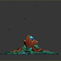 Natural Scene with Orange Tree Stump Blue Sphere Red Roots and Lush Green Grassy Surroundings