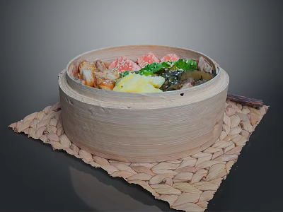 Fresh Vegetables Steamed in Bamboo Steamer on Woven Plant Fiber Mat 3d model