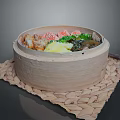 Fresh Vegetables Steamed in Bamboo Steamer on Woven Plant Fiber Mat