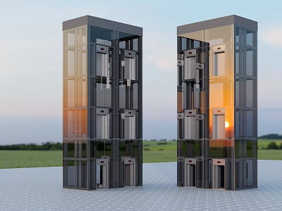 Twin Modern Glass Elevator Towers With Sunset Light And Transparent Facade 3d model
