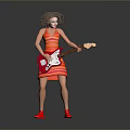 Woman with curly hair wearing sunglasses and orange striped dress playing red electric guitar