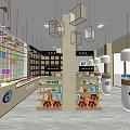 Specialty Store Interior With Shelves Display Products Hanging Lights And Brand Logo