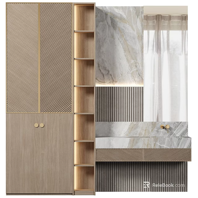 Modern Bathroom Washbasin Vanity With Wooden Striped Panels Marble Countertop And Open Shelves 3d model 