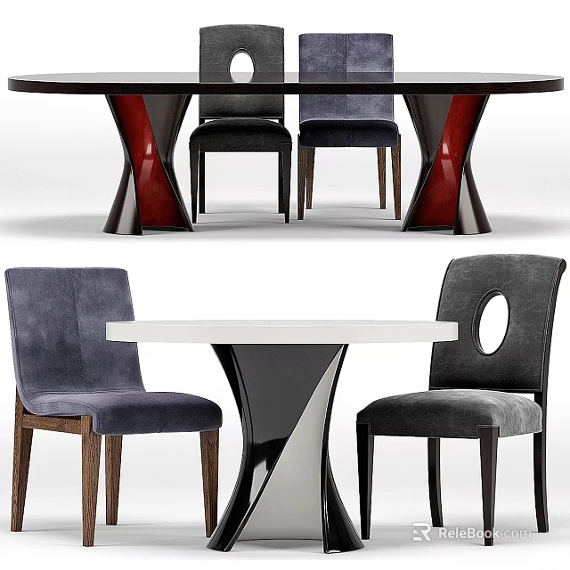 Modern Round Dining Table And Chair Set With Red Black Base And Upholstered Seats 3d model 
