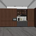 Modern Restaurant Kitchen With Dark Brown Cabinets Glass Door Wine Rack And Marble Countertop