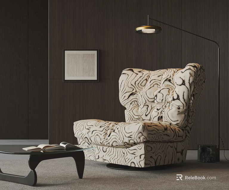 Patterned Single Sofa In Modern Living Room With Wooden Wall Floor Lamp And Coffee Table 3d model 