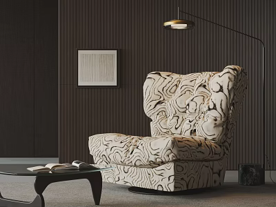 Patterned Single Sofa In Modern Living Room With Wooden Wall Floor Lamp And Coffee Table 3d model