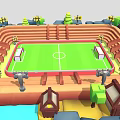 3D Model of Sports Stadium Building with Track Football Field Green Trees and Surrounding Rocks