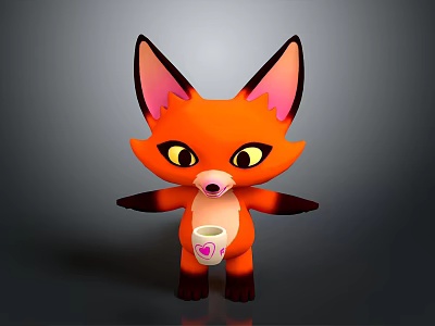 Game Movie Character Cartoon Fox with Orange Body Big Pink Ears Holding Heart Shaped Cup 3d model