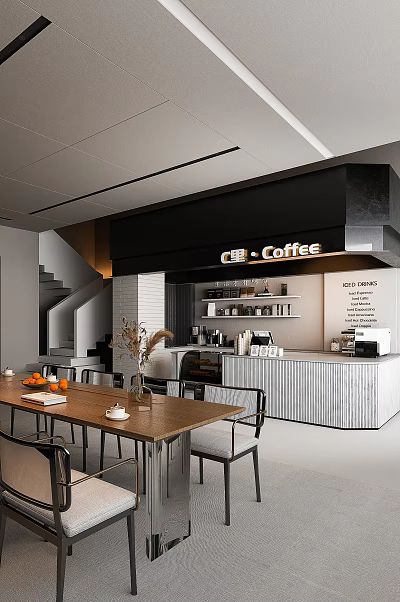 Modern Cafe Interior Design With Counter Coffee Machine Table Chairs Staircase And Decorations 3d model