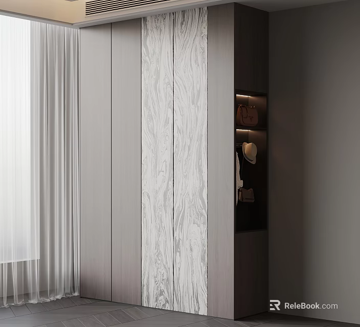 Modern Wardrobe Design With Wooden Panel Doors And Integrated Storage Shelves 3d model 