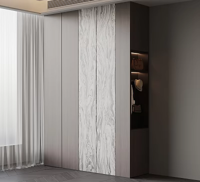 Modern Wardrobe Design With Wooden Panel Doors And Integrated Storage Shelves 3d model