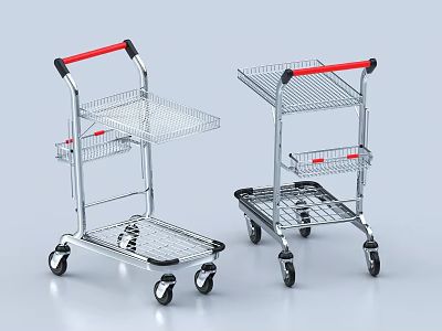 Two Metal Utility Carts With Red Handles And Wire Basket Storage Design 3d model