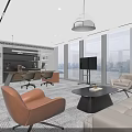 Modern Office With Open Layout Large Windows City View Sofa Orange Chairs Black Coffee Table 3d model