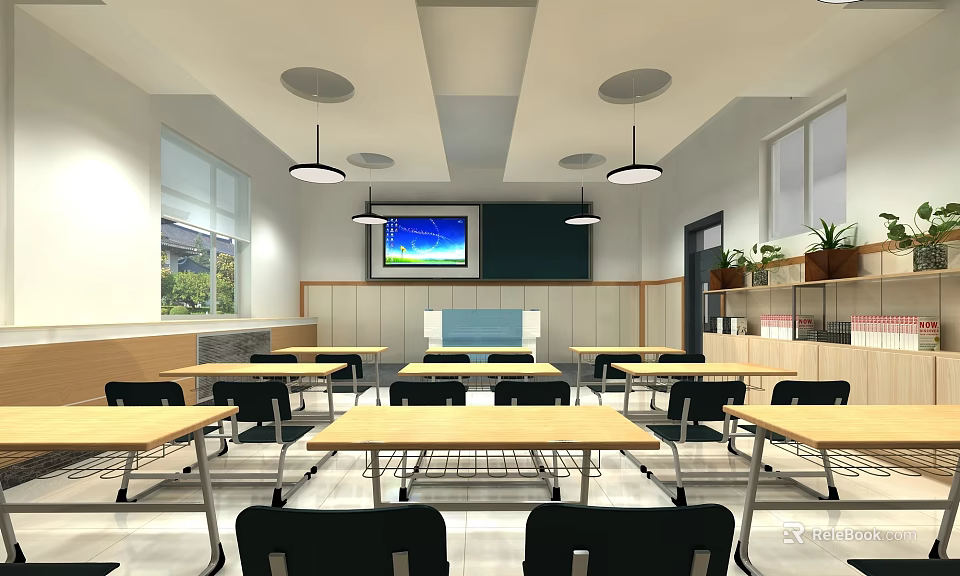 School Classroom Interior With Desks Chairs TV Screen Windows And Lighting 3d model 