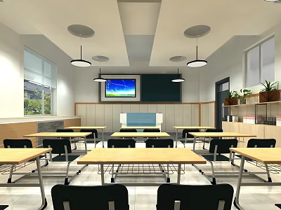School Classroom Interior With Desks Chairs TV Screen Windows And Lighting 3d model