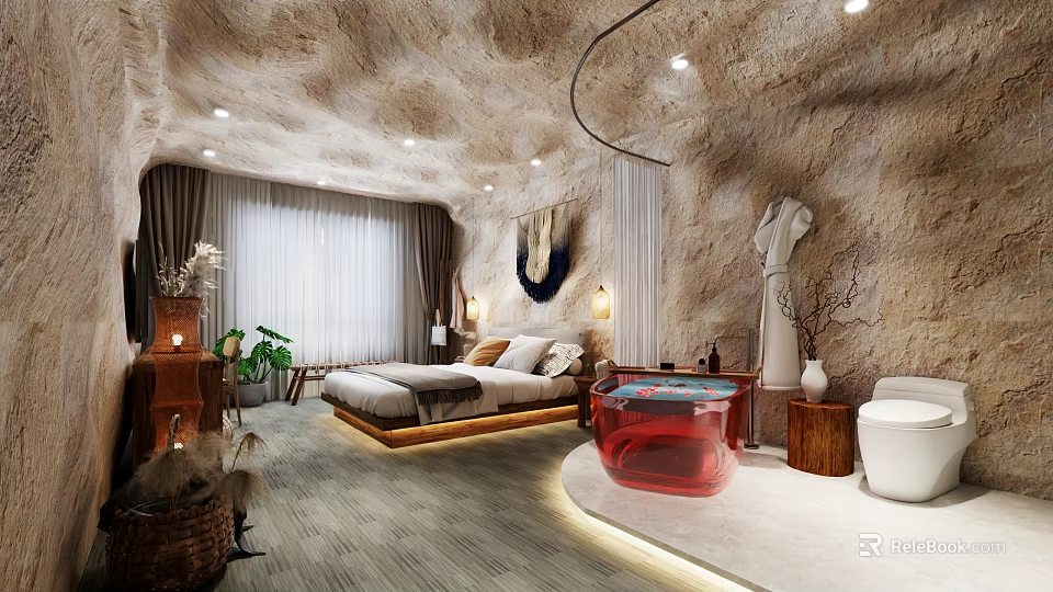 Unique Hotel Room Interior with Rock Texture Walls Cozy Bed Stylish Bathtub Window and Artwork 3d model 