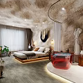 Unique Hotel Room Interior with Rock Texture Walls Cozy Bed Stylish Bathtub Window and Artwork