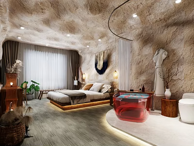 Unique Hotel Room Interior with Rock Texture Walls Cozy Bed Stylish Bathtub Window and Artwork 3d model