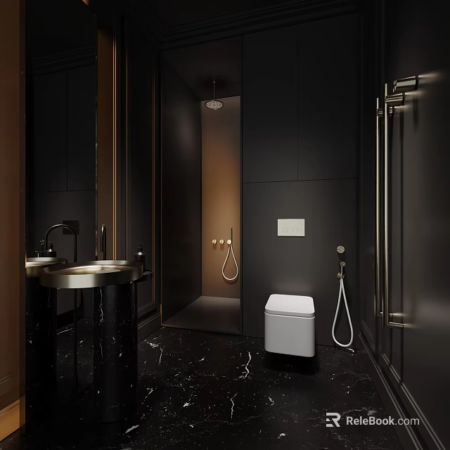 Modern Dark Luxury Bathroom With Elegant Gold Accents Black Marble Floor And Complete Bath Fixtures 3d model 