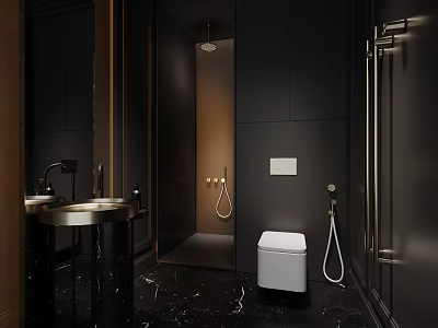 Modern Dark Luxury Bathroom With Elegant Gold Accents Black Marble Floor And Complete Bath Fixtures 3d model