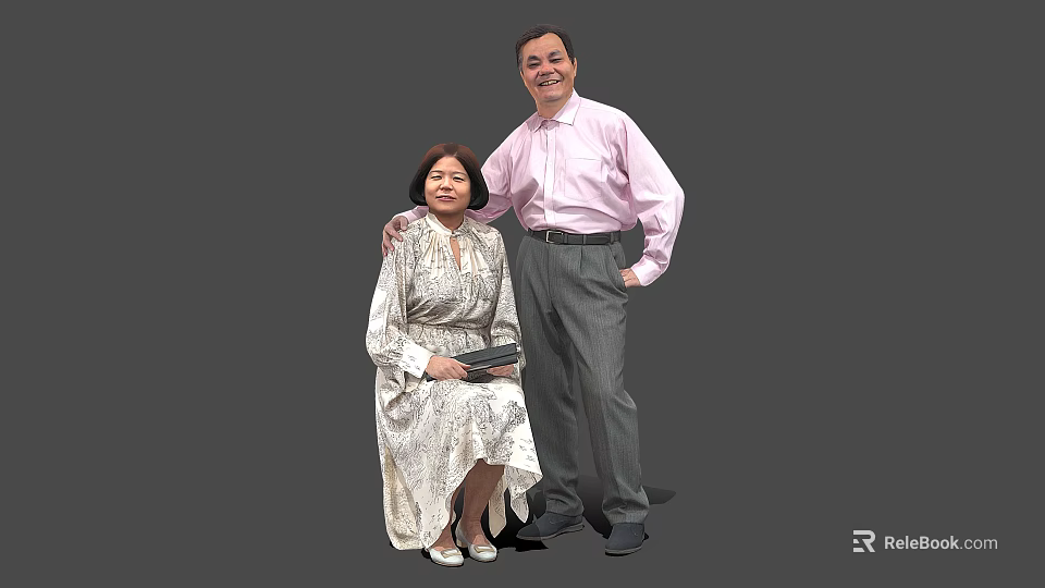 Two People Formal Portrait With Woman Sitting In Dress And Man Standing In Pink Shirt 3d model 