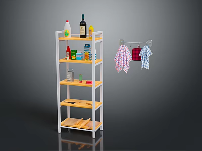 Multi Tier Kitchen Storage Shelf Organizer With Bottles Containers And Hanging Towels 3d model