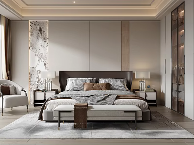 Modern Bedroom Interior Design With King Bed Marble Accent Wall Wardrobe Armchair And Rug 3d model