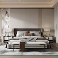 Modern Bedroom Interior Design With King Bed Marble Accent Wall Wardrobe Armchair And Rug