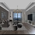 Modern Dining Room Interior With Round Table Gray Chairs Chandelier Wall Paintings And Wooden Flooring