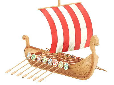 Wooden Sailboat Model With Red And White Striped Sail Decorative Hull And Oars 3d model