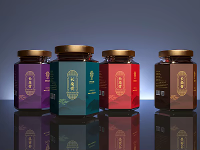 Colorful Ceramic Jars With Gold Lids And Traditional Chinese Labels On Dark Background 3d model