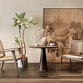 Natural Wicker Armchairs And Round Table Set With Chinese Screen Painting Green Plant Wooden Floor