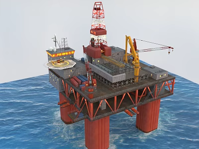 Offshore Industrial Equipment Oil Drilling Platform With Drilling Tower And Crane 3d model