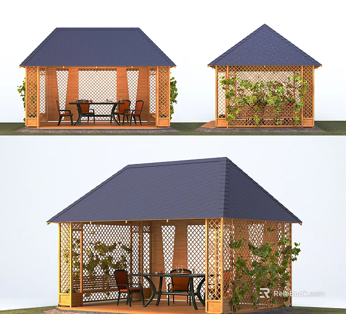 Outdoor Wooden Gazebo With Blue Roof Green Plants Around Table Chairs 3d model 