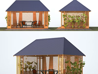 Outdoor Wooden Gazebo With Blue Roof Green Plants Around Table Chairs 3d model