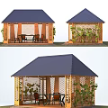 Outdoor Wooden Gazebo With Blue Roof Green Plants Around Table Chairs