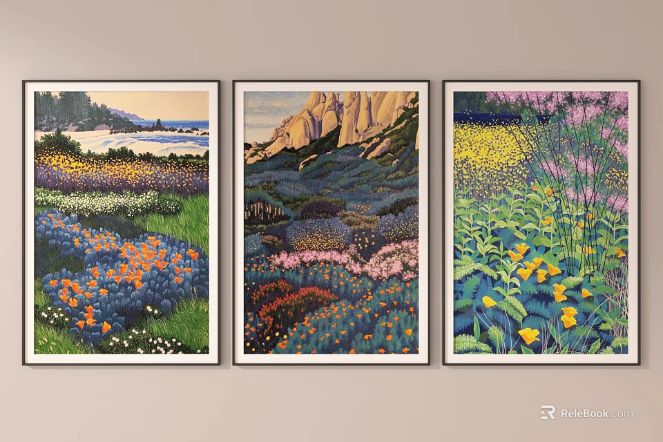 Three Framed Landscape Paintings With Flower Fields Mountains And Coastal Views 3d model 