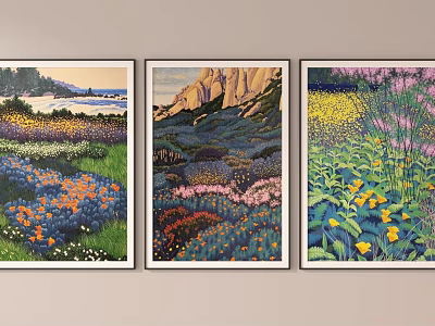 Three Framed Landscape Paintings With Flower Fields Mountains And Coastal Views 3d model