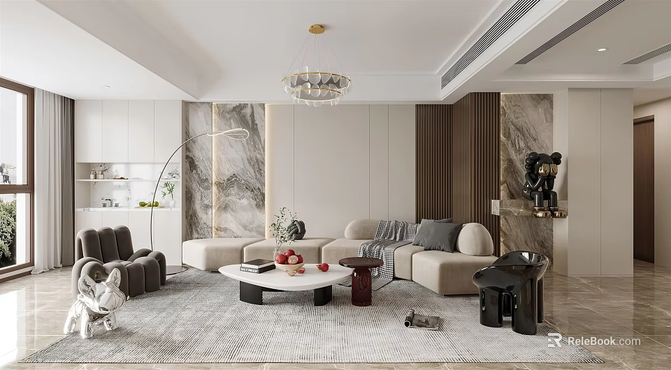 Modern Living And Dining Room Interior With Sofa Coffee Table Chandelier And Rug 3d model 