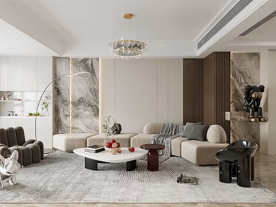 Modern Living And Dining Room Interior With Sofa Coffee Table Chandelier And Rug 3d model
