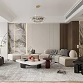 Modern Living And Dining Room Interior With Sofa Coffee Table Chandelier And Rug