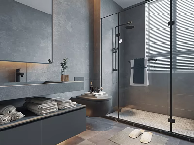 Modern Gray Bathroom Interior With Vanity Large Mirror Glass Shower And Towels 3d model