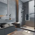 Modern Gray Bathroom Interior With Vanity Large Mirror Glass Shower And Towels