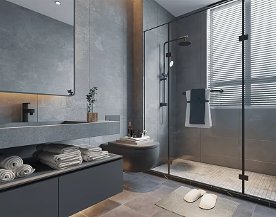 Modern Gray Bathroom Interior With Vanity Large Mirror Glass Shower And Towels 3d model