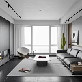 Modern Living Room Interior With Large Window Black Sofa And Fireplace 3d model