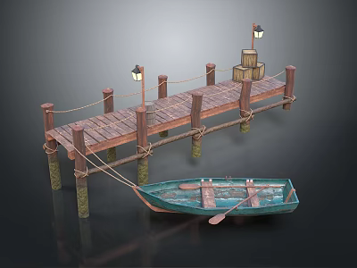 Rustic Wooden Dock With Lamp Posts Ropes Crate And Small Rowboat 3d model